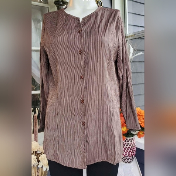 Jaclyn Smith Button Down Shirt Top Blouse Brown Vertical Striped Longsleev Small - Picture 5 of 5